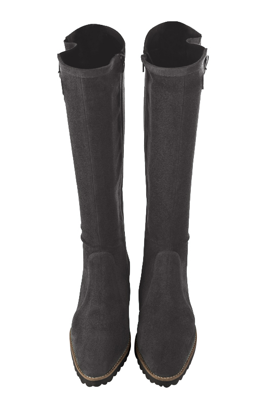 Dark grey women's knee-high boots with buckles. Round toe. Flat rubber soles. Made to measure. Top view - Florence KOOIJMAN